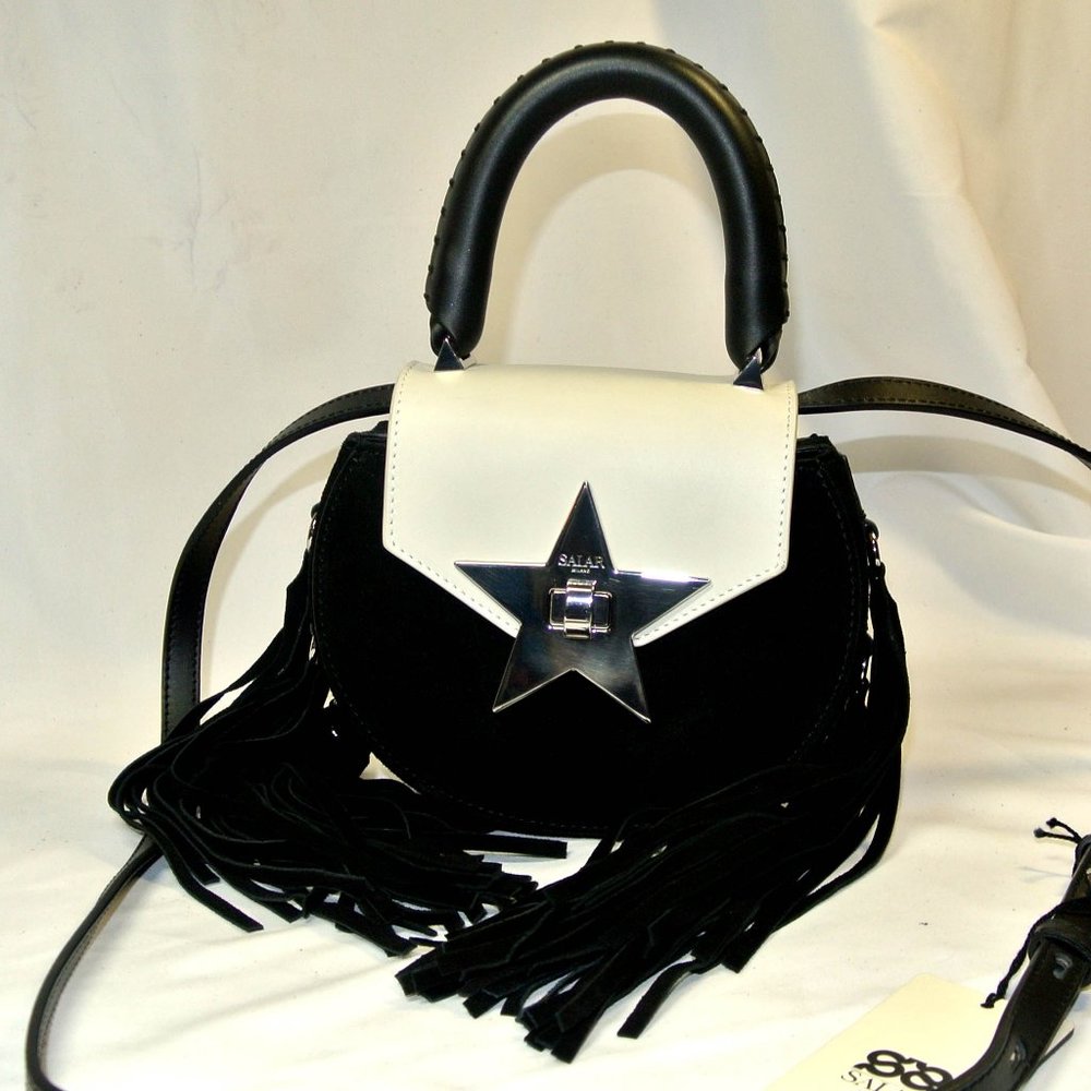 SALAR MILANO MIMI STAR FRINGE BAG, BLACK SUEDE WHITE CALFSKIN Rare COLOR COMBO